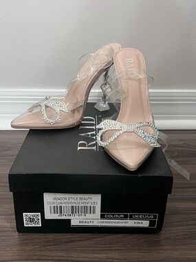 RAID Nude Patent Perspex Bow Mules with Crystal Detail